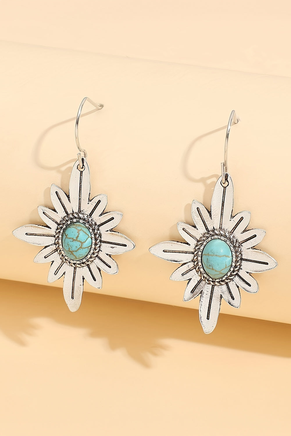 Western Turquoise Flower Shape Hook Earrings | Silvery