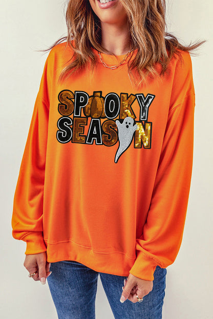 Sequin Spooky Season Ghost Pattern Halloween Pullover Sweatshirt | Russet Orange