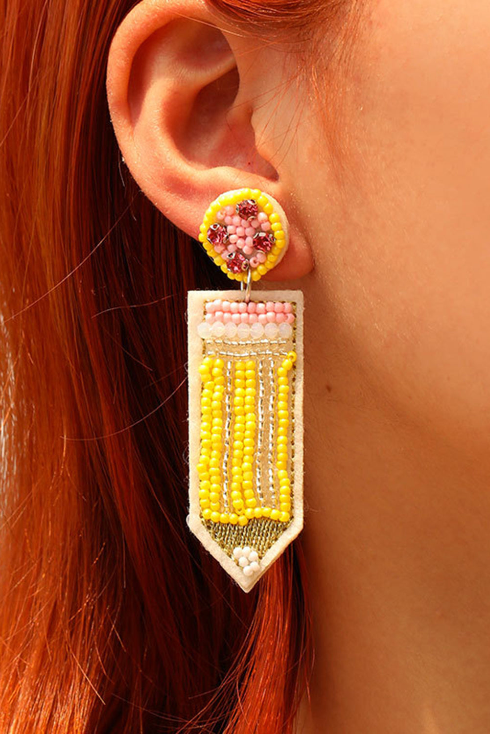 Beaded Pencil Teacher Earrings | Yellow