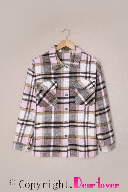 Geometric Plaid Print Pocketed Shacket | Pink