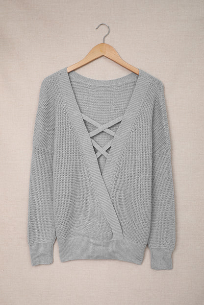 Cross Back Hollow-Out Sweater | Gray