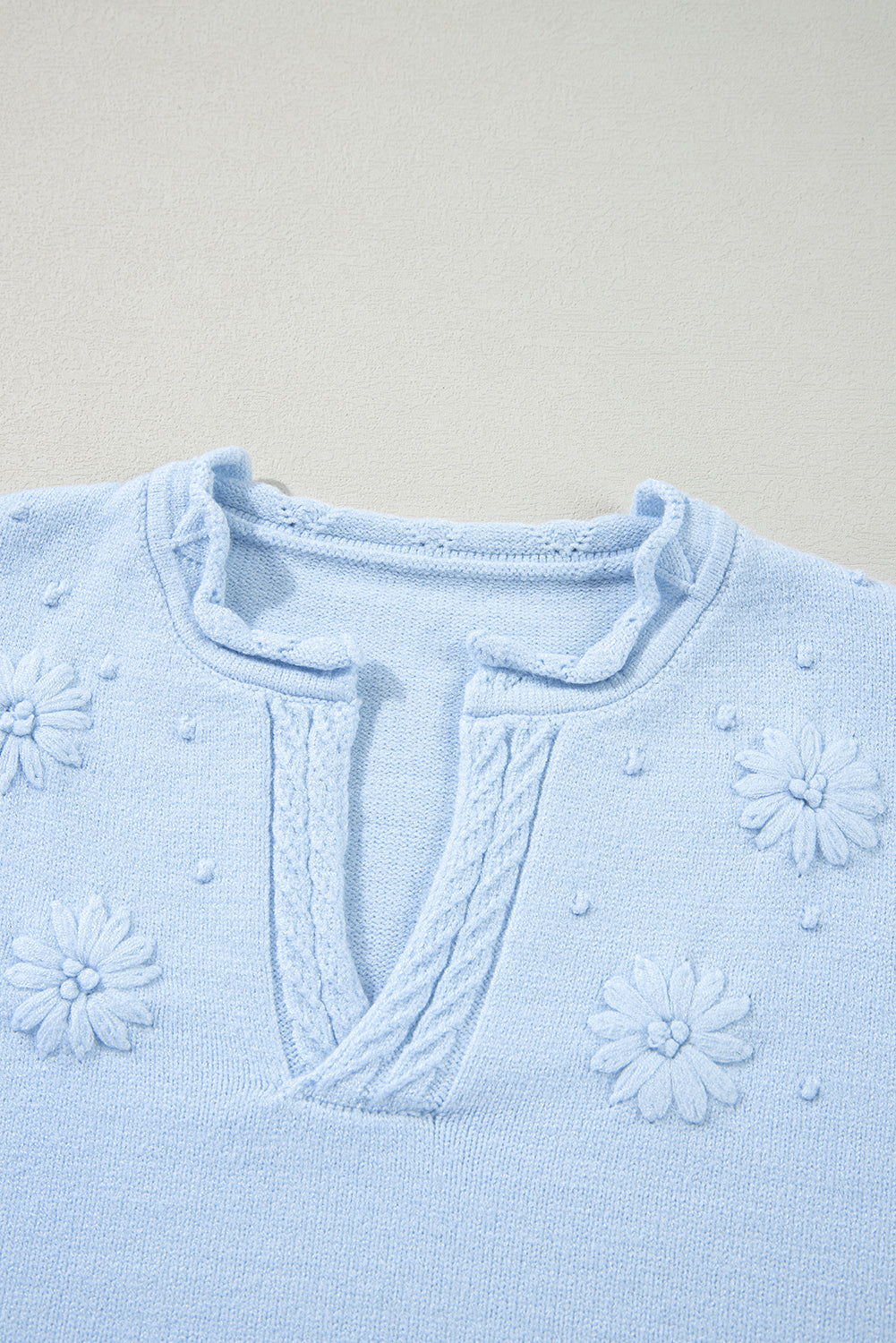 Flower Detail Knitted Notched Neck Sweater | Beau Blue