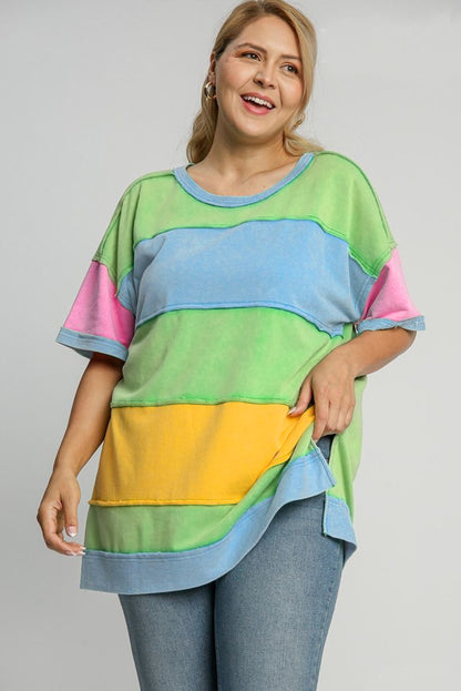 Colour Block Exposed Seam Patchwork Plus Size T Shirt | Light Blue