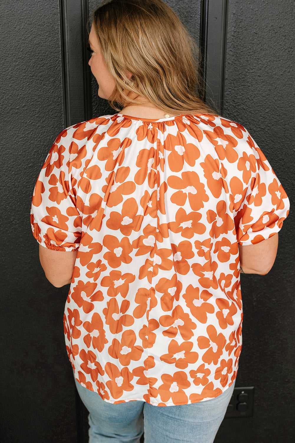 Plus Size Floral Print Drawstring V Neck Short Sleeve Blouse | Orange