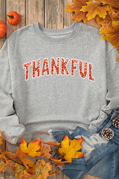 Thanksful Shiny Letter Printed Graphic Sweatshirt | Gray