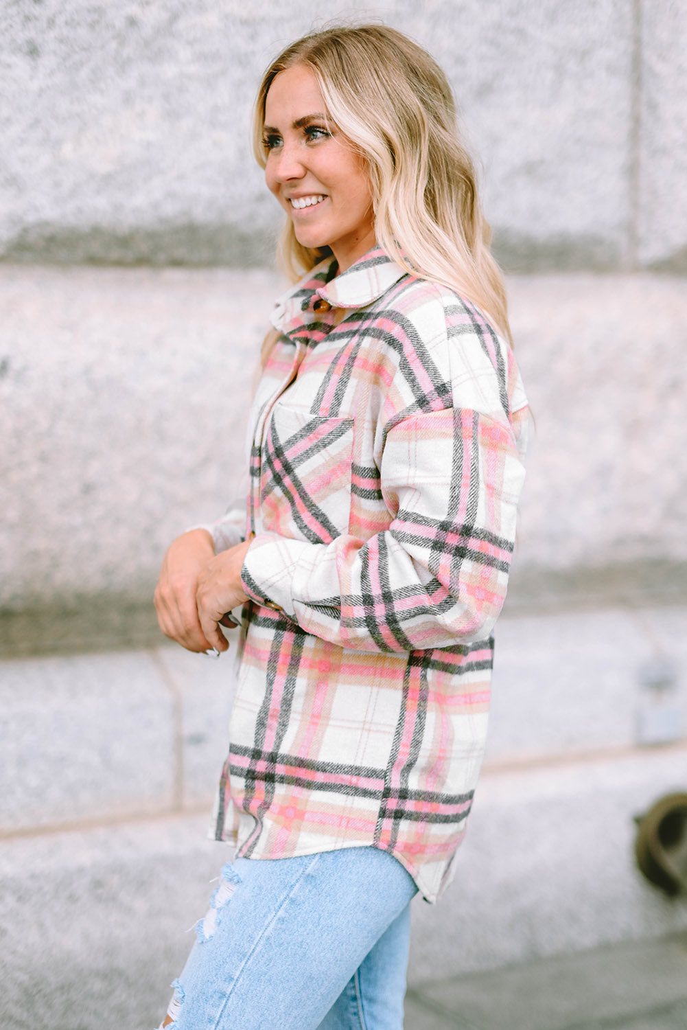 Plaid Button Front Chest Pocket Shacket | Pink