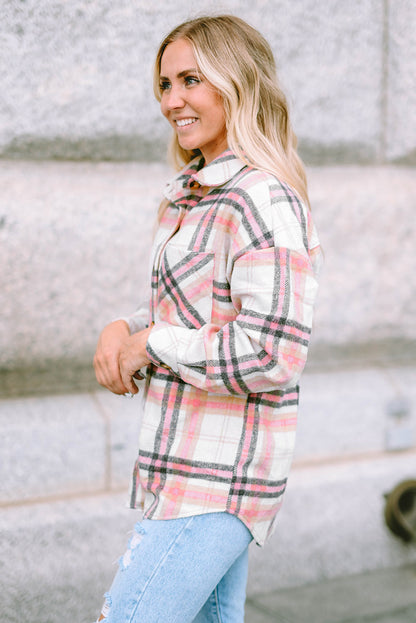 Plaid Button Front Chest Pocket Shacket | Pink