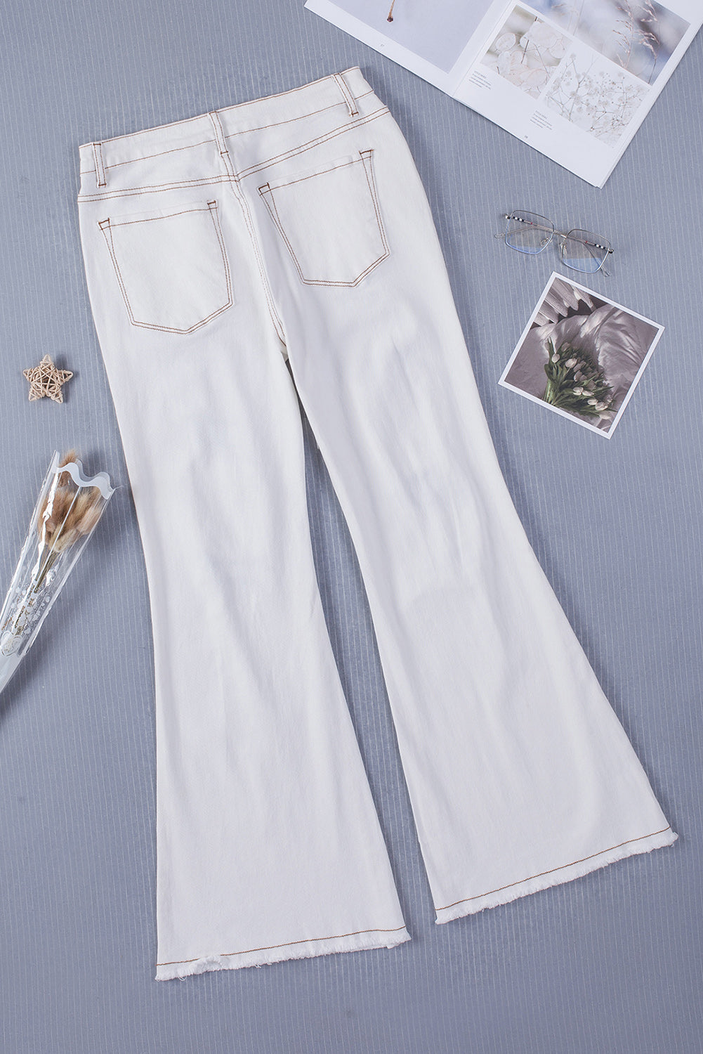 Light Washed Distressed Slits Button Fly Flare Jeans | White