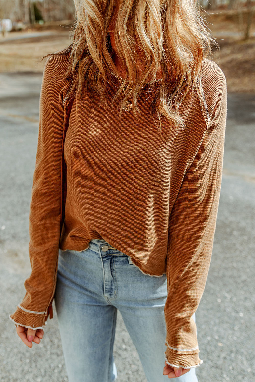 Textured Round Neck Long Sleeve Top | Brown