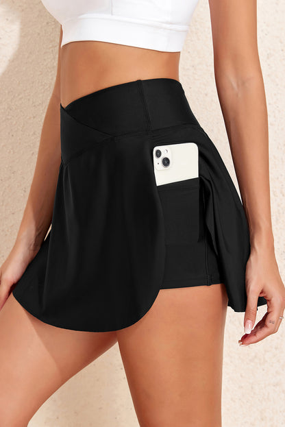 Solid Pocketed Crossover High Waist Swim Skort | Black