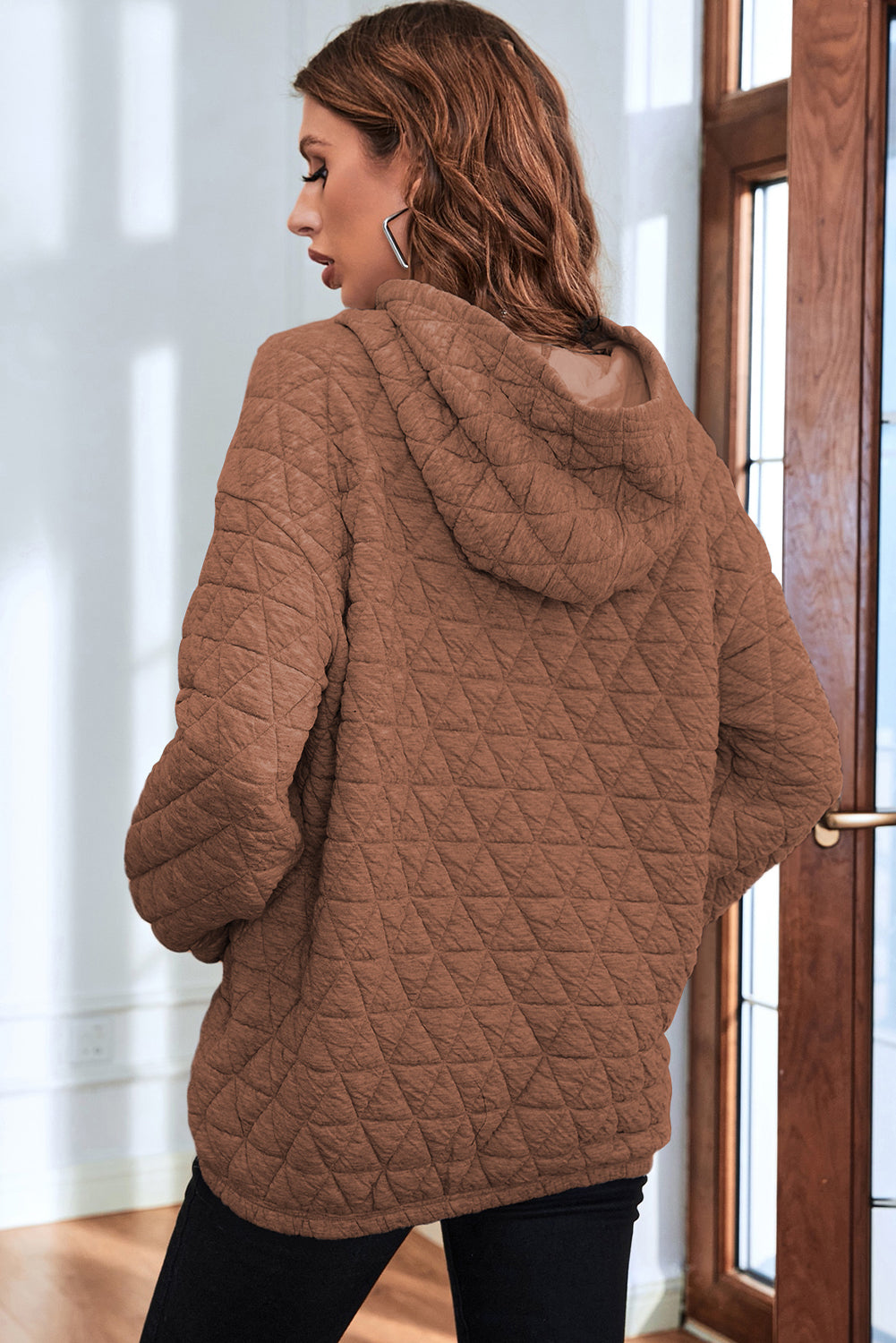 Solid Colour Quilted Kangaroo Pocket Hoodie | Coffee