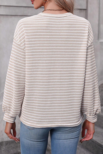 Round Neck Drop Shoulder Long Sleeve Top | Khaki Stripe