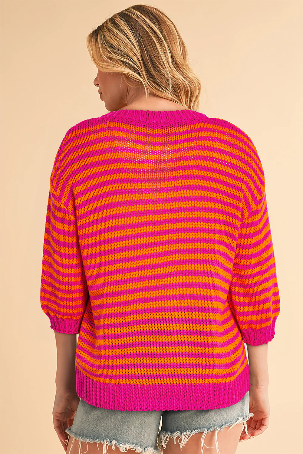 3/4 Puff Sleeve Drop Shoulder Sweater | Rose Stripe