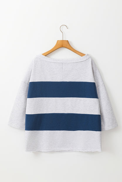 Colourblock Striped Patchwork 3/4 Sleeve Raw Seamed Sweatshirt | Sail Blue