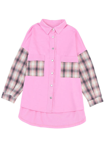 Plaid Patchwork Chest Pockets Oversized Shirt Jacket | Rose