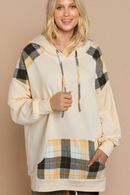 Plaid Patchwork Kangaroo Pocket Oversized Hoodie | Khaki