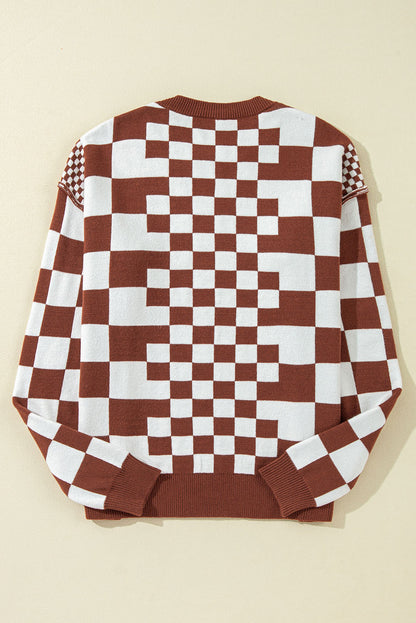 Checkered Print Drop Shoulder Round Neck Sweater | Brown