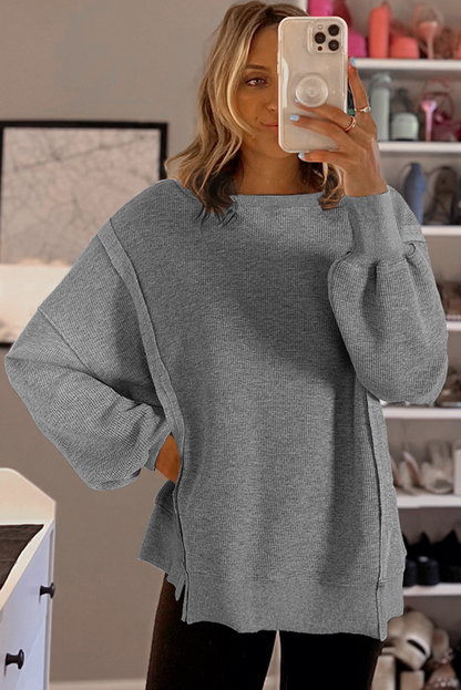 Waffle Knit Bishop Sleeve Split Oversized Top | Gray