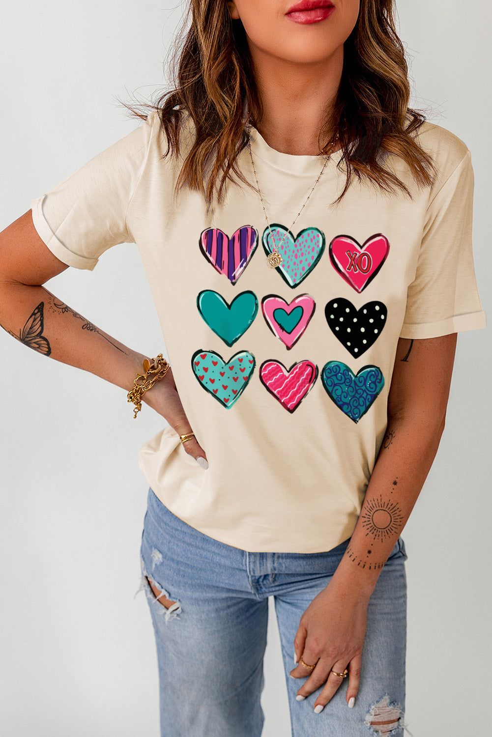 Valentines Multi Pattern Heart Shape Graphic T Shirt | Khaki