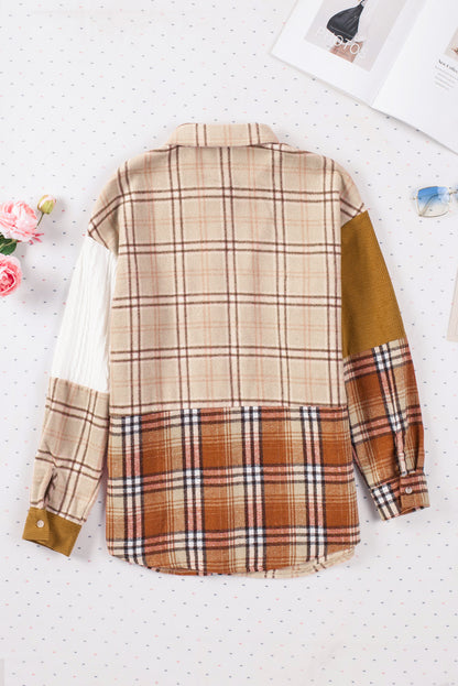 Plaid Colour Block Patchwork Shirt Jacket With Pocket | Orange