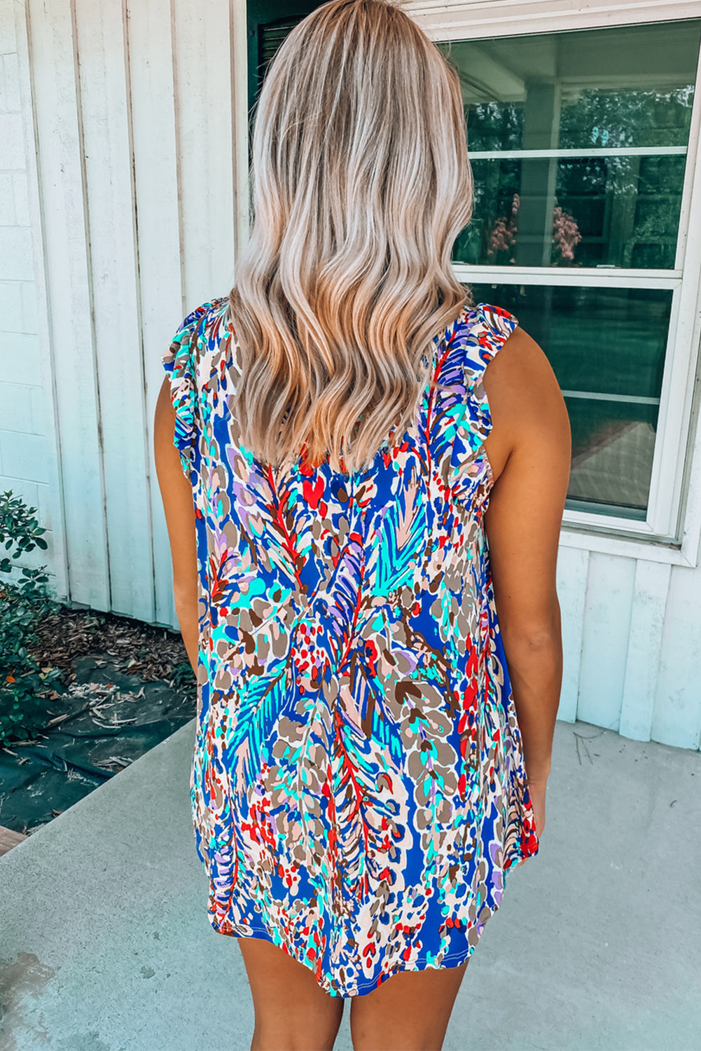 Floral Print Tank Top With Ruffles | Blue