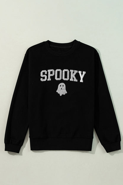 Glitter Spooky Ghost Pattern Crew Neck Halloween Sweatshirt | Black