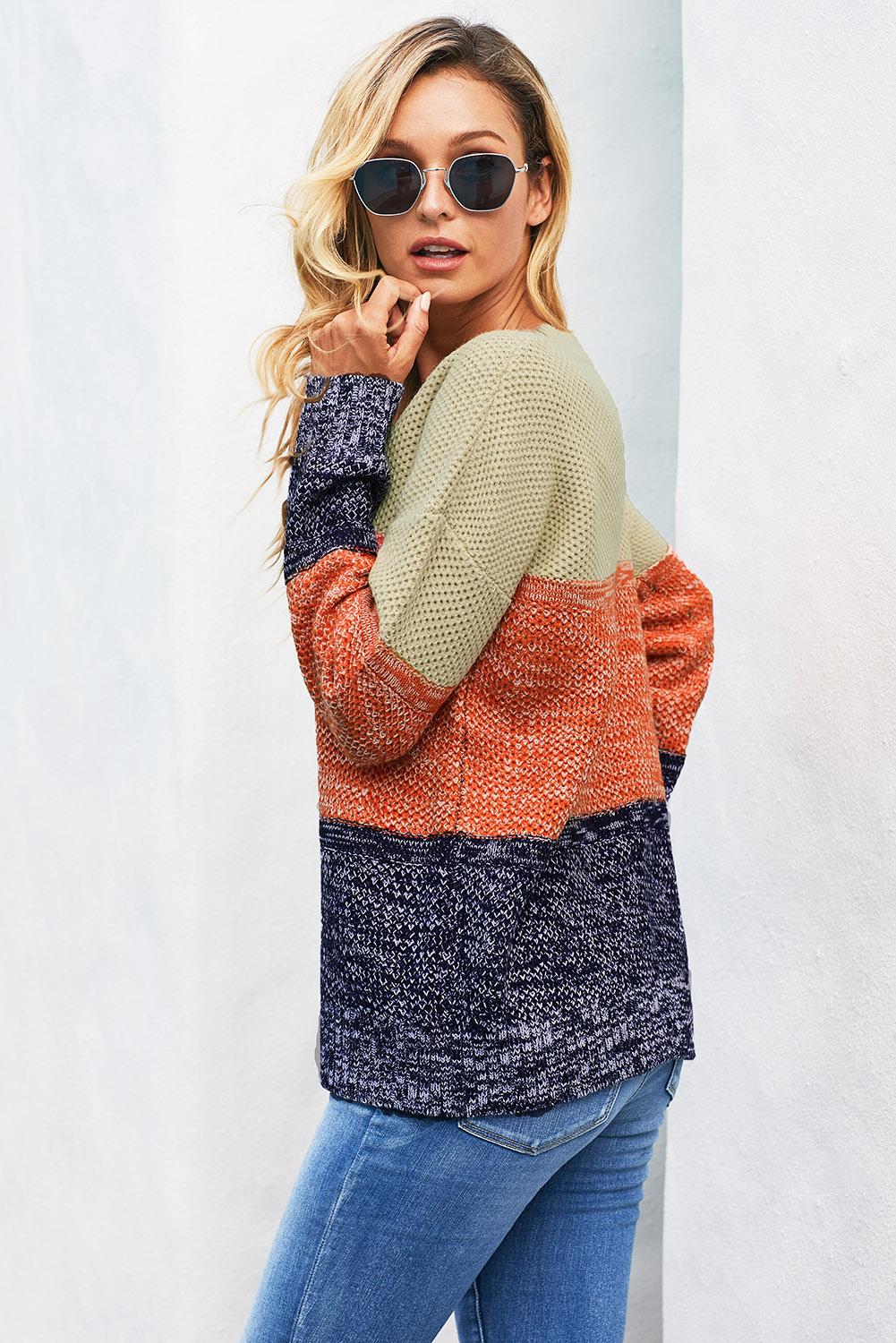 Blue Colour Block Netted Texture Pullover Sweater | Brown