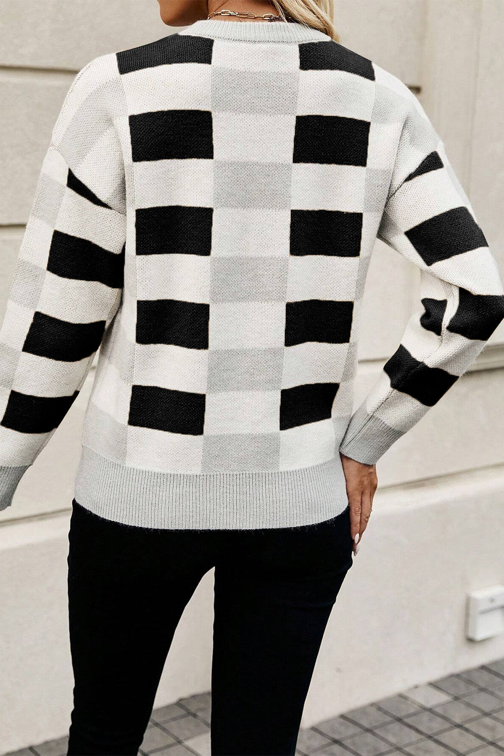 Checkered Ribbed Edge O Neck Drop Shoulder Sweater | Black