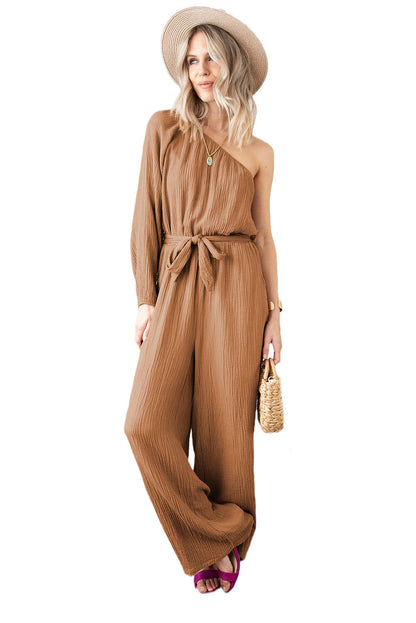 Crinkled Texture One-Shoulder Loose Jumpsuit | Khaki