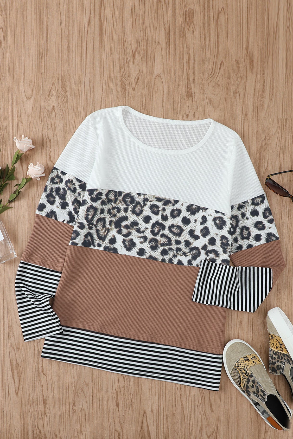 Stripes Leopard Splicing Colourblock Long Sleeve Top | Brown