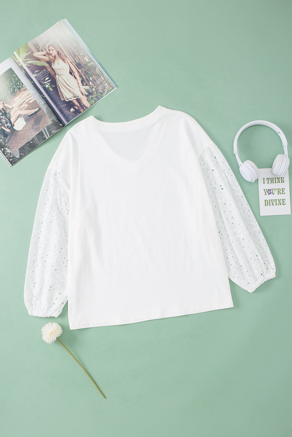 V-Neck Embroidered Patchwork Puff Sleeve Blouse | White