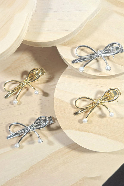 Bow Knot Pearl Decor Plated Alloy Hair Clip | Gold