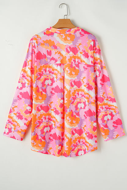 Plus Size Abstract Floral Print V Neck Blouse | Pink