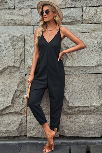 Textured Sleeveless V-Neck Pocketed Casual Jumpsuit | Black