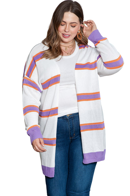 Plus Size Striped Dropped Shoulder Sweater Cardigan | Beige