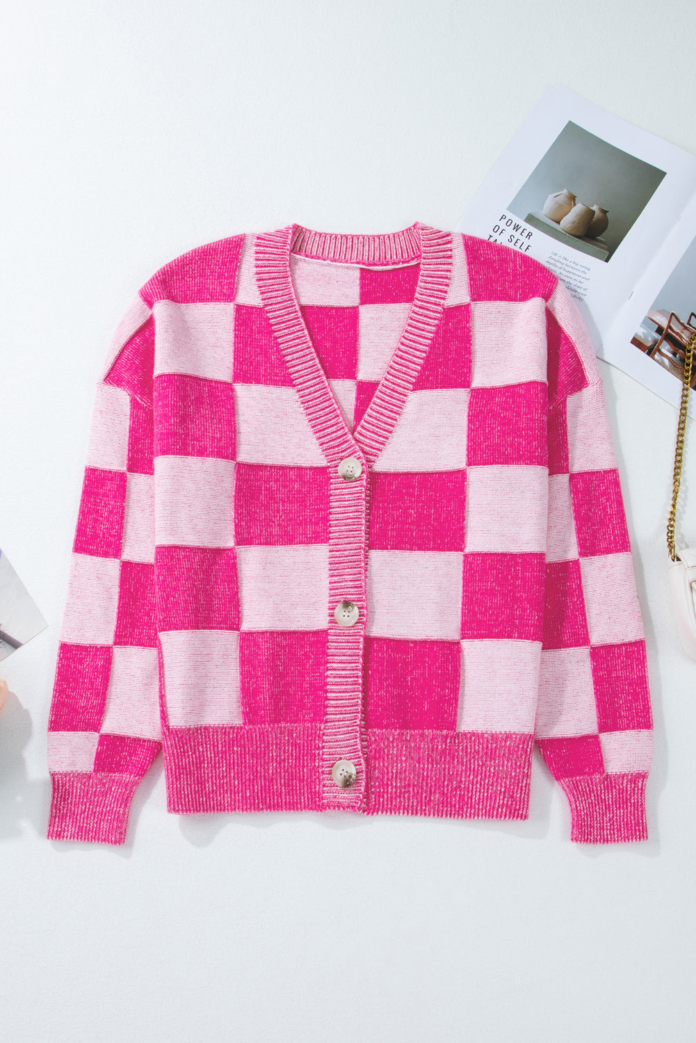 Checkered Drop Shoulder Buttoned V Neck Cardigan | Pink