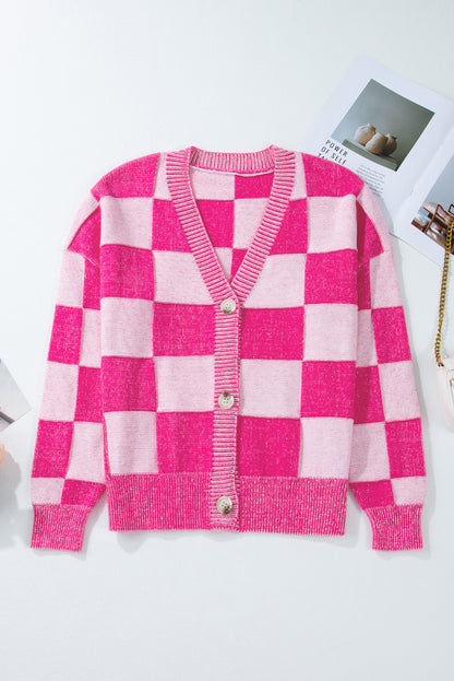 Checkered Drop Shoulder Buttoned V Neck Cardigan | Pink