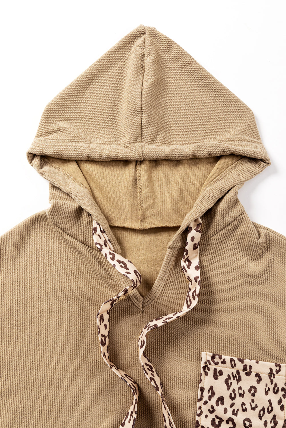 Leopard Patchwork Drawstring Hooded T Shirt | Khaki