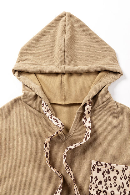 Leopard Patchwork Drawstring Hooded T Shirt | Khaki