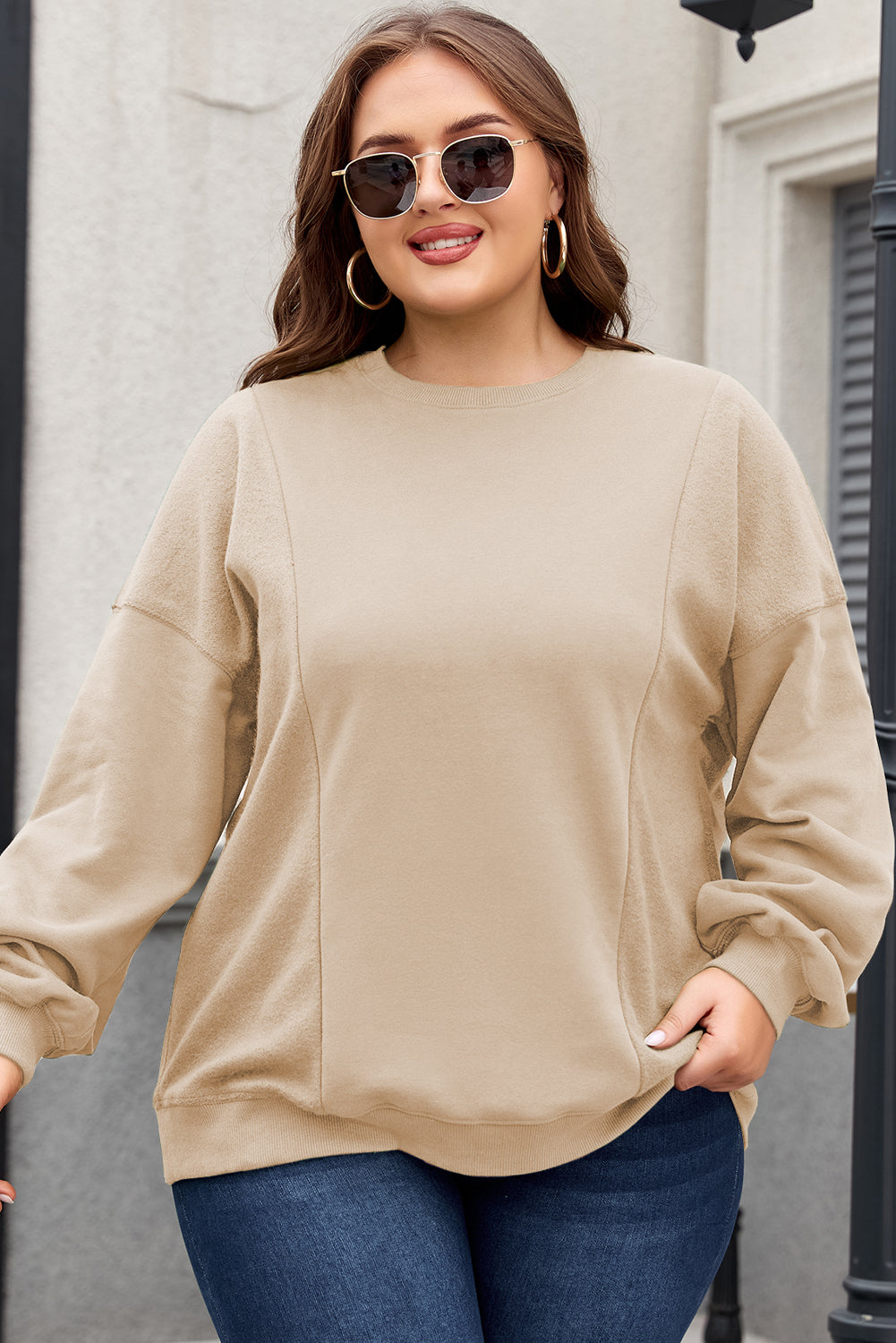 Apricot Loose Patchwork Crewneck Plus Size Sweatshirt