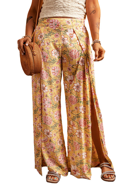 Floral Print High Slit Wide Leg Pants | Yellow