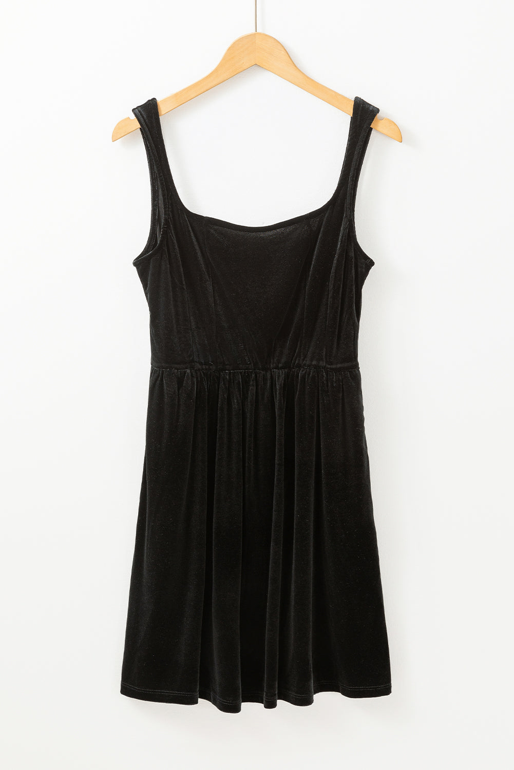 Velvet Square Neck Sleeveless High Waist Mini Dress With Pockets | Black