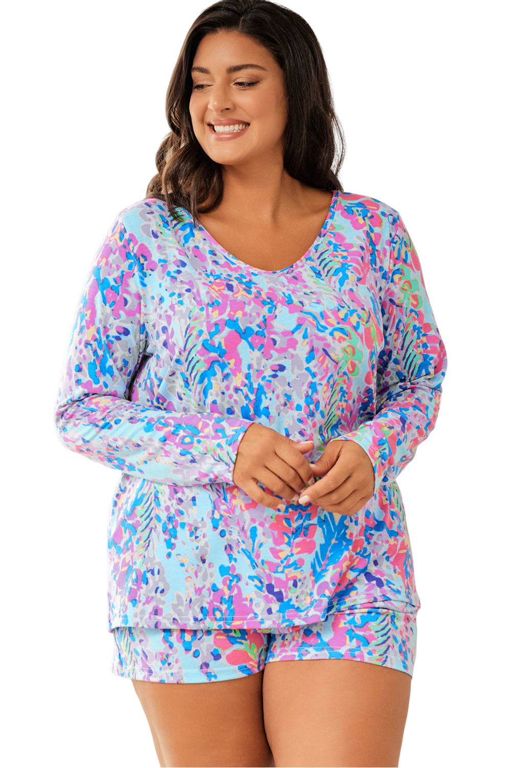 Plus Size Floral Print Long Sleeve And Shorts Lounge Outfit | Sky Blue