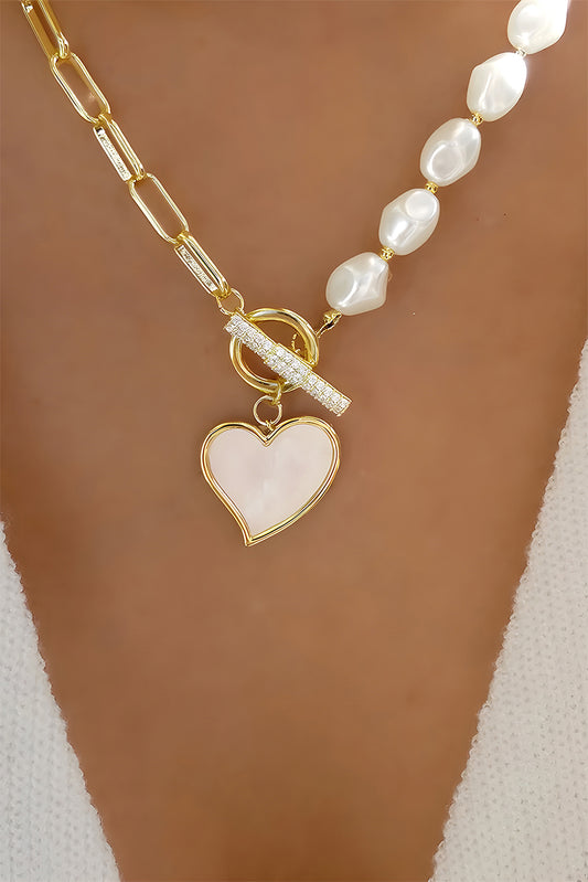 Gold Heart Shape Pendant Rhinestone Decor Pearl Chain Necklace