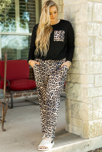 Leopard Patched Pocket Long Sleeve Top Plus Size Pants Set | Black