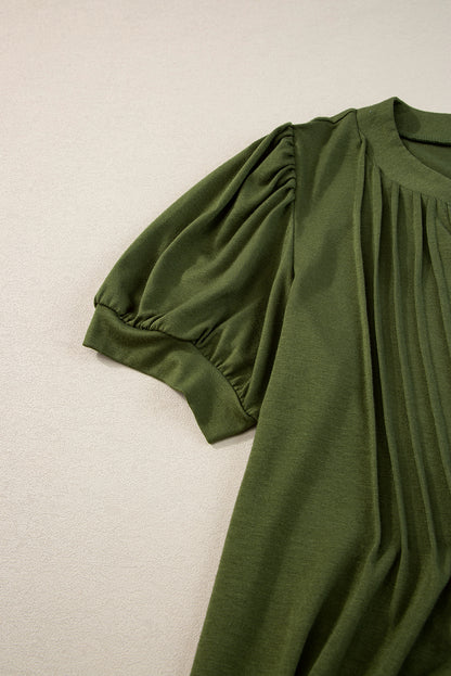 Notched Neck Pleated Puff Sleeve Shift T-Shirt Dress | Fern Green