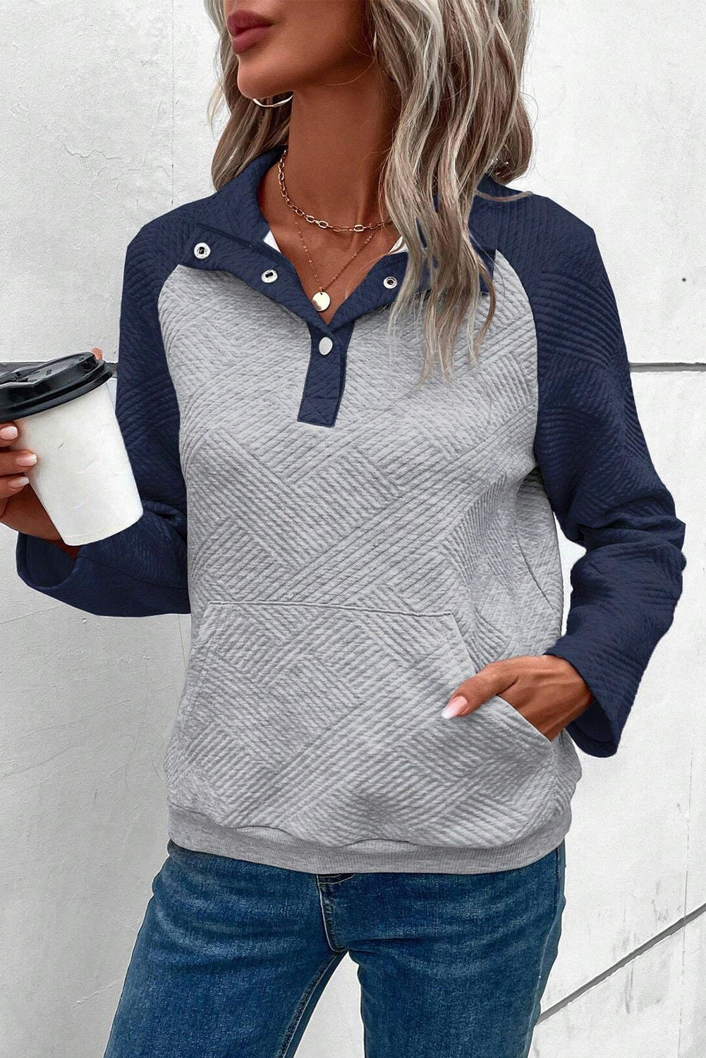 Textured Contrast Splicing Raglan Sleeve Top | Gray