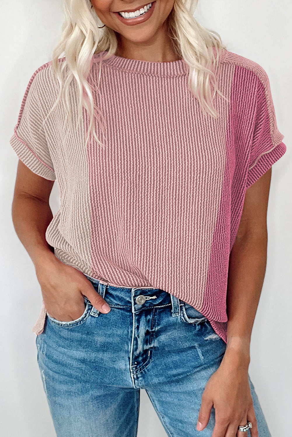 Textured Colourblock Crew Neck T Shirt | Pink