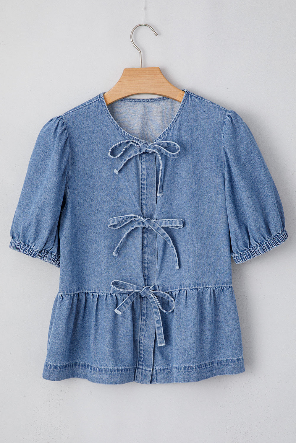 Tied Front Bubble Sleeve Peplum Denim Shirt | Dusk Blue