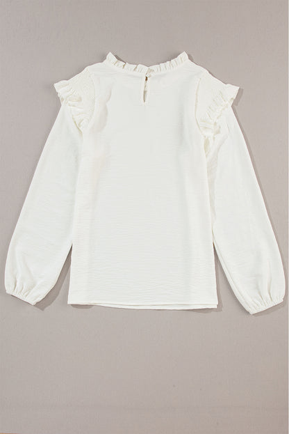 Frilled Neck Ruffled Trim Bubble Sleeve Blouse | White